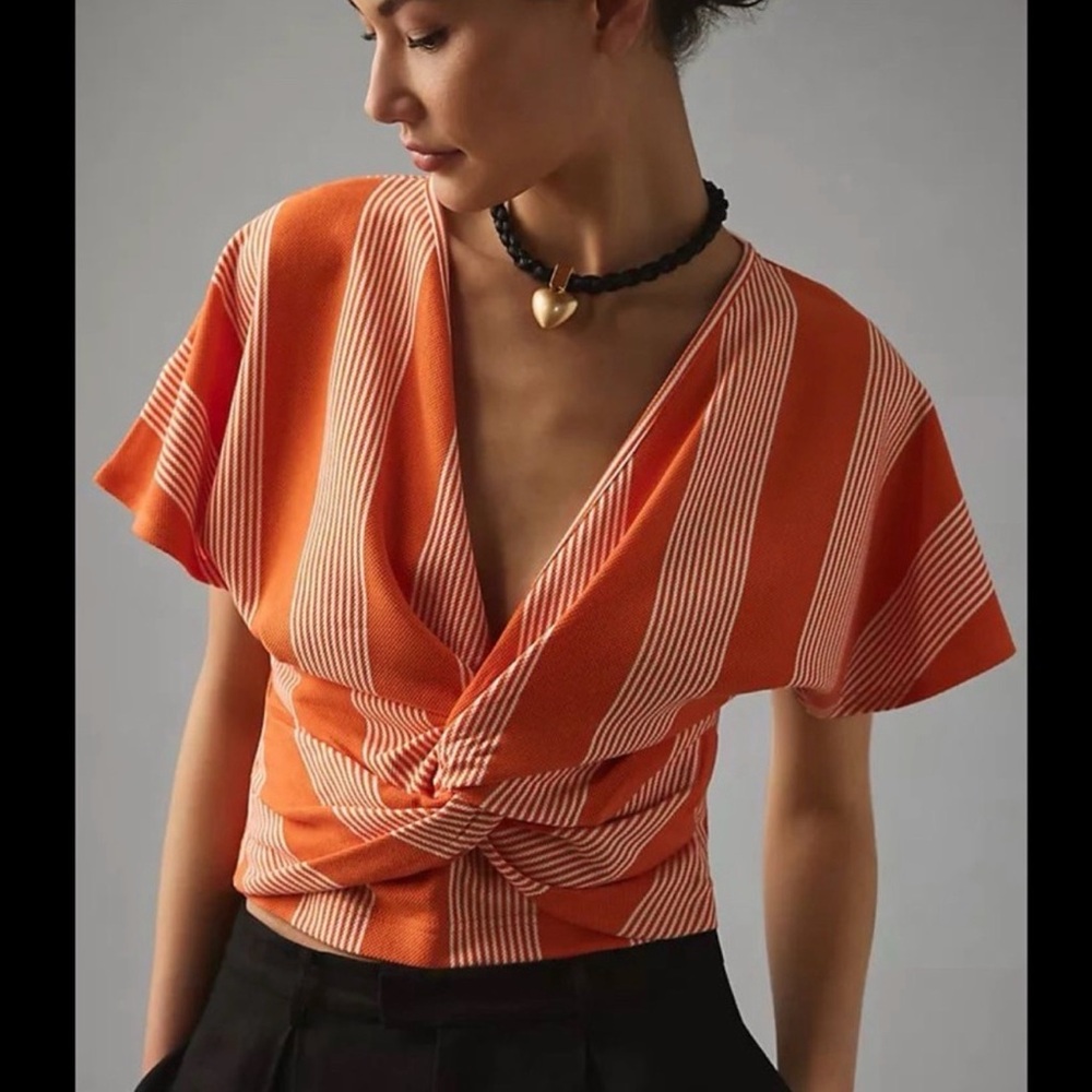 Bishop & Young Womens Orange Striped Twist-Front Top